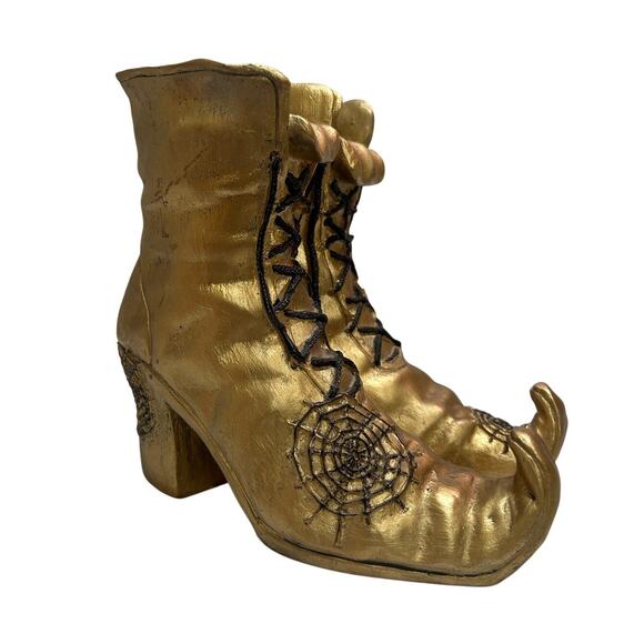 Witchy Centerpiece Halloween 7.5" Gold Boots Decor Laces Spiderwebs Whimsical - Picture 2 of 8